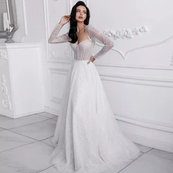 Simple Corset Wedding Dresses Fulle Sleeve with Fluffy Tulle Floor-Length White Dress Button Back Bridal Gowns Robe De Mariée