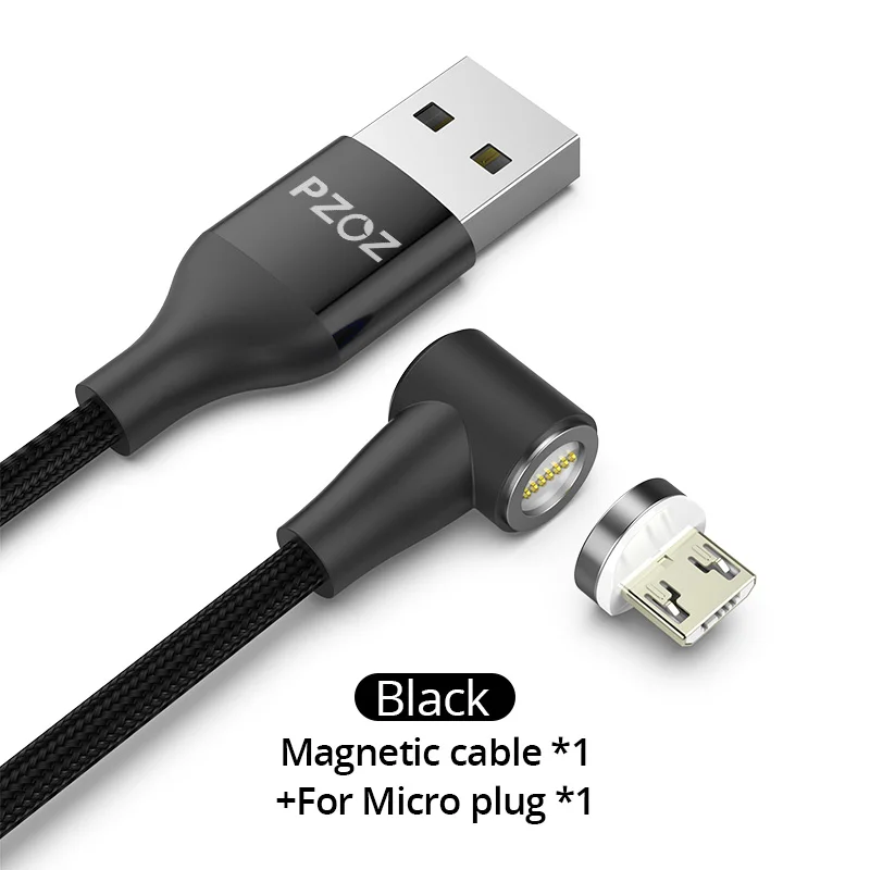 Магнитный кабель PZOZ 90 градусов usb c Micro usb type C для быстрой зарядки, магнитное зарядное устройство Microusb type-C для iphone Xs MAX xiaomi usb-c - Цвет: Black 1m For Micro