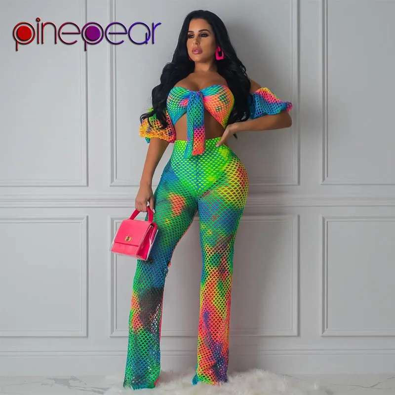 

PinePear Colourful Gradient Fishnet Off Shoulder Bow Bra + Pants 2 Piece Swimsuit Women See Through Swimwear Beachwear Wholesale
