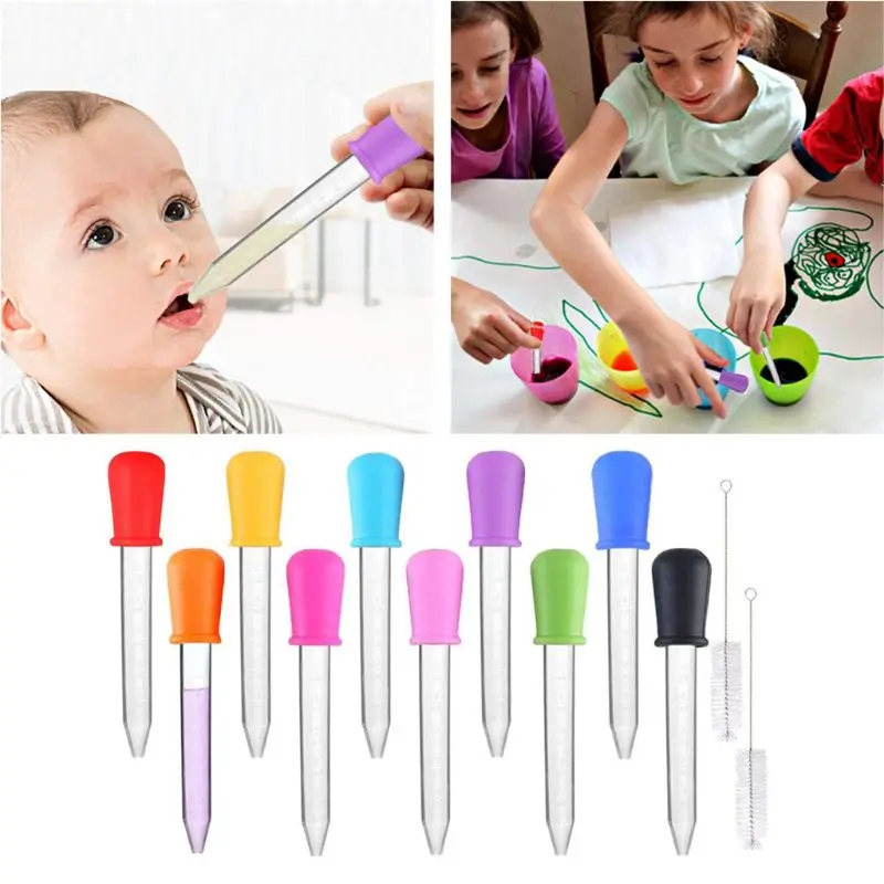 

10 Pcs Liquid Droppers & 2 Brushes Baby Dropper Medicine Feeder Silicone Droppers Pipettes for Candy Molds, Gummy Mold and Craft