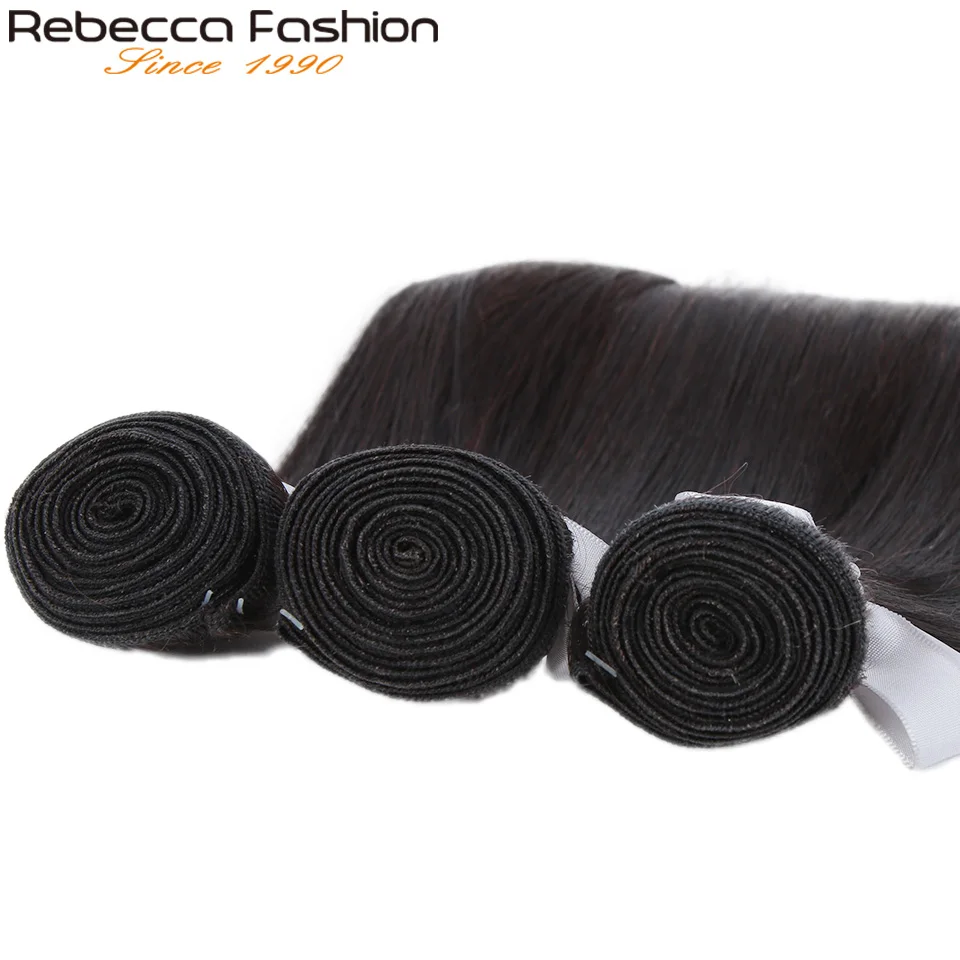 Rebecca прямые волосы 4 пучка с закрытием не Реми бразильские прямые волосы человеческие волосы плетение пучки с 4x4 кружева закрытие
