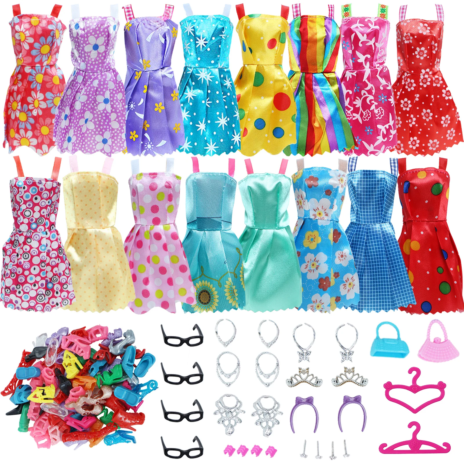 42 Item/Set Doll Accessories = 10Pcs Shoes + 8 Necklace 4 Glasses 2 Crowns 2 Handbags + 8 Pcs Doll Dress Clothes for 1/6 Doll