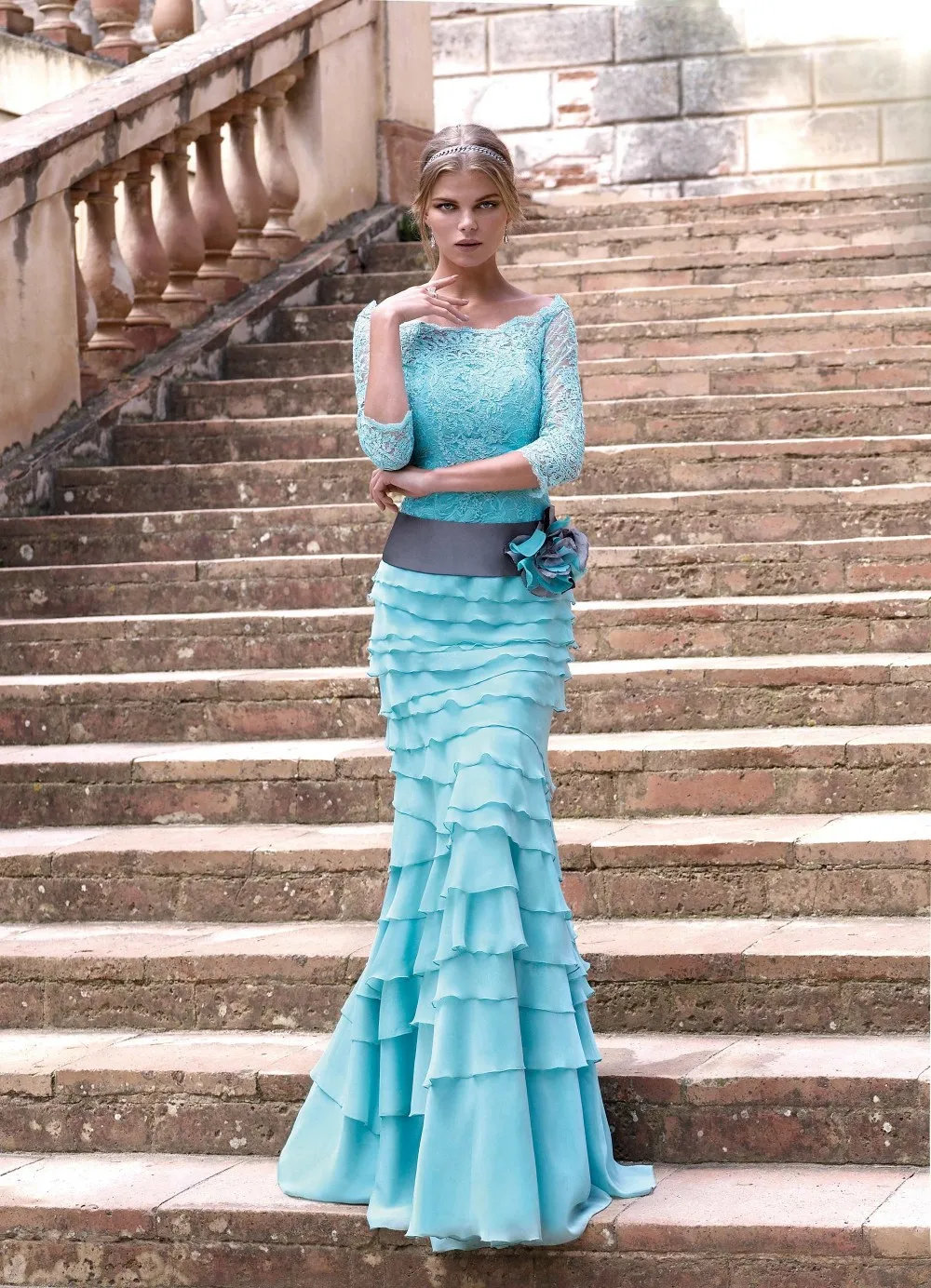 New Arrival Blue Chiffon Lace Flower Sheath Plus Size Bride Mother Dresses Weddings Women Formal Gown vestidos para festa