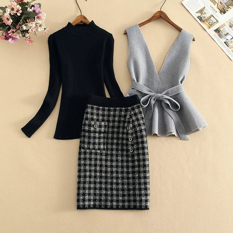 

Three Piece Set Women Knitted Sweater & Bow Tie Vest &Woolen Bodycon Knee Length Button Tweed Skirt Set Suits Women Outfits New
