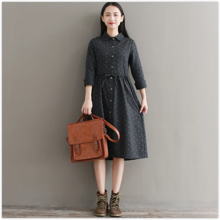 Robe Femme/осенне-зимнее винтажное платье элегантные хлопковые платья с длинными рукавами и отложным воротником для девочек Vestidos AF830