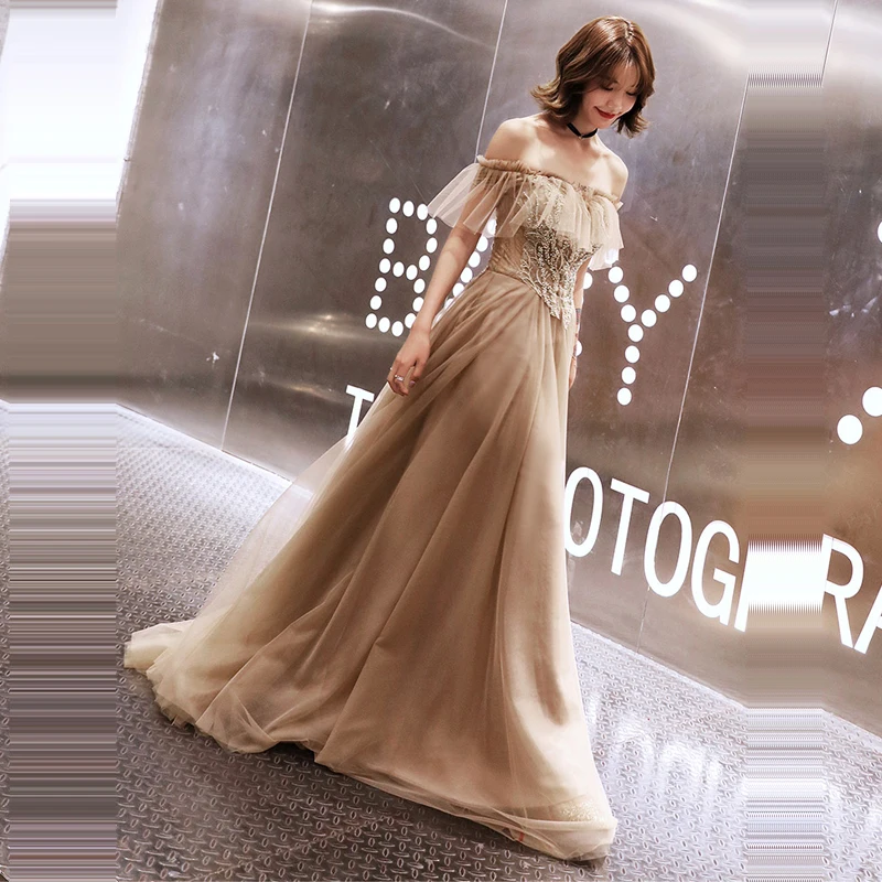 Вечерние платья Жемчуг трапециевидной формы Robe De Soiree с открытыми плечами без спинки женское вечернее платье короткий рукав Длинные вечерние платья E690