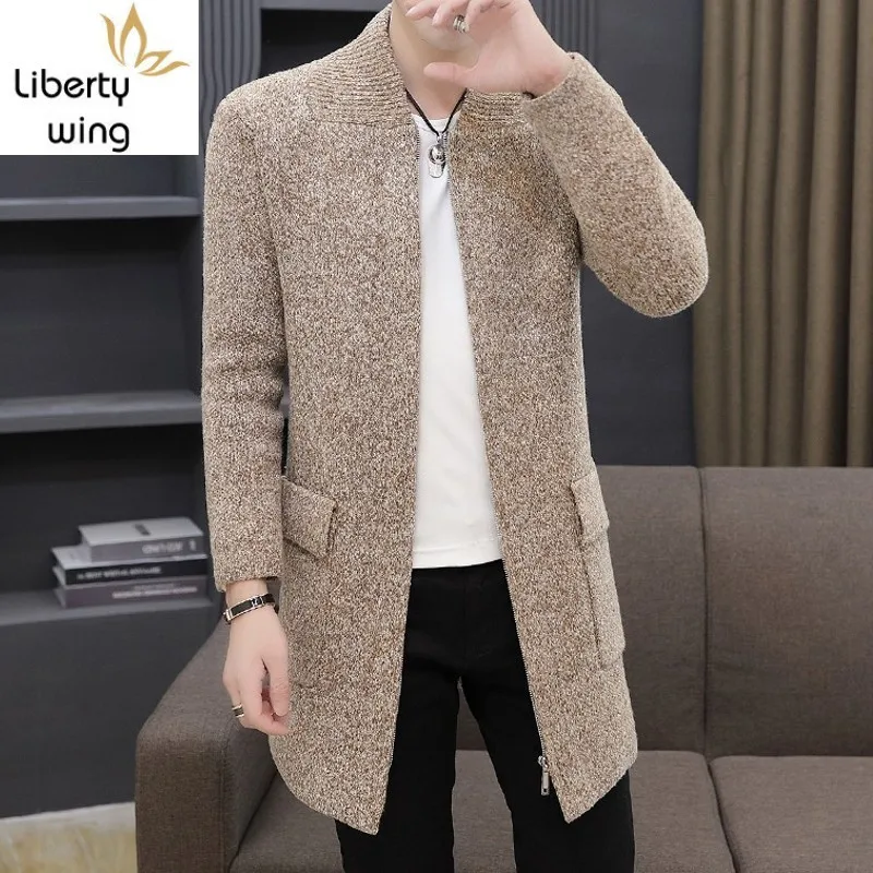 

Winter Thick Fleece Liner Mens Knintting Cardigan Casual Long Sleeve Zipper Pockets Male Medium Length Outerwear Plus Size