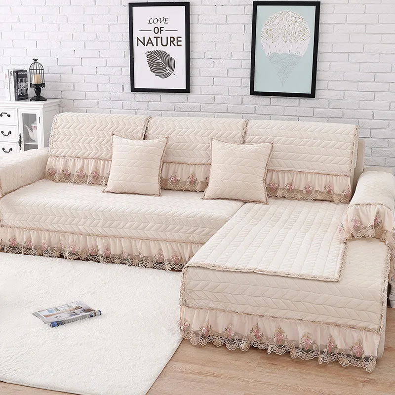 Утолщенный плюшевый тканевый чехол для дивана, кружевной нескользящий чехол для дивана в европейском стиле, чехол для дивана, полотенце для декора гостиной - Цвет: Rice white