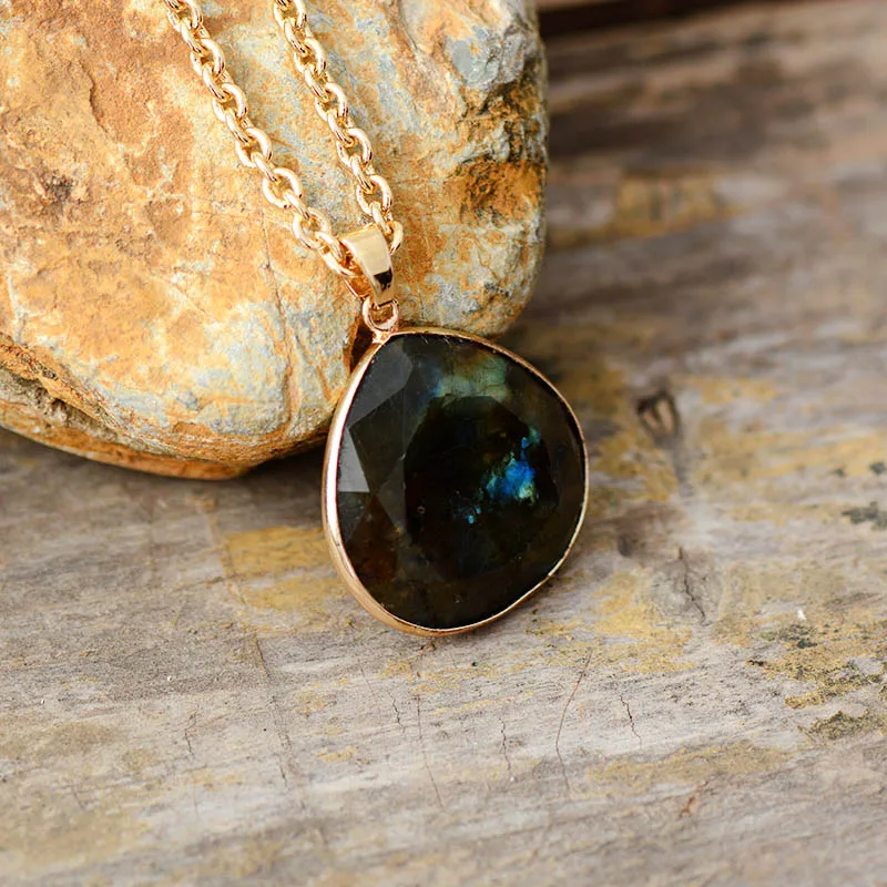 Natural Stone Teardrop Pendant Necklace Labradorite Gold Tone Chain Short Necklace Unique Gems Jewelry Wholesale Dropshipping - Image 4