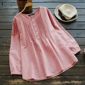 

2020ZANZEA Vintage Plus Size Women Blouse Spring Long Sleeve Pleated Shirt Solid Cotton Linen Tops Tunic Loose Blusas Chemise