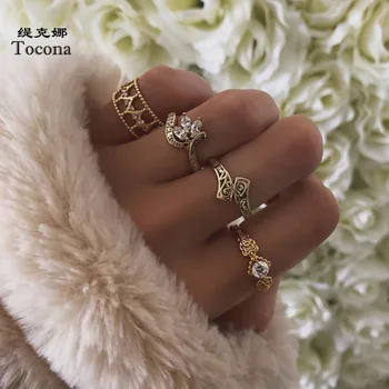

Tocona 4pcs/sets Luxury Shiny Crystal Stone Wedding Rings for Women Boho Carve Letter Hollow Geometry Jewelry кольцо 9459
