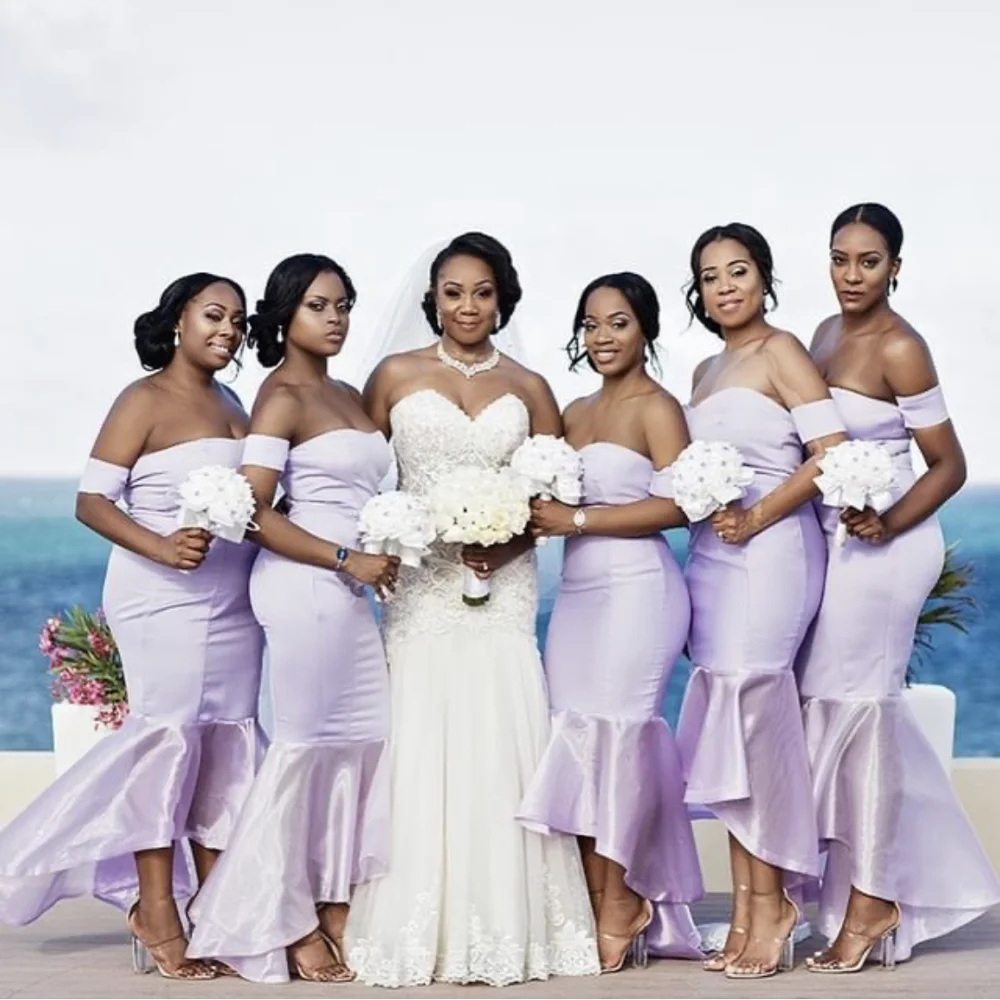 

Лавандовые фиолетовые платья для подружек невесты короткое спереди и длинное сзади с открытыми плечами, длина до пола, с оборками атласная Свадебная вечеринка платья Новые