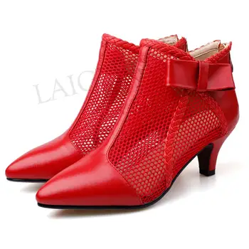 

LAIGZEM Large Size 34-42 Women Short Boots Summer Leather Mid Heel Ankle Boots Mesh Shoes Woman Shoes Botines Mujer 2020