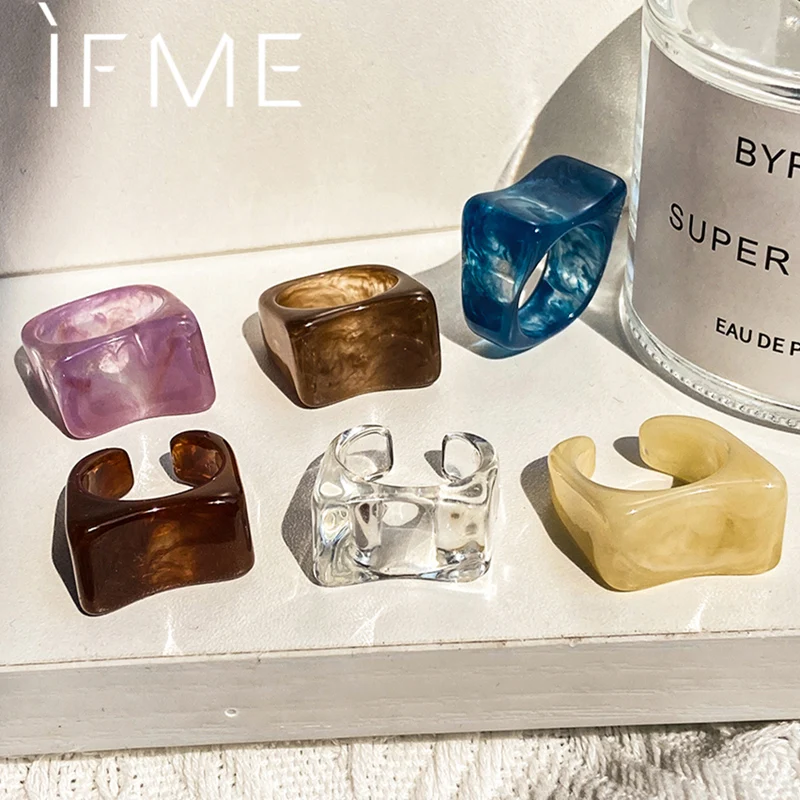IF ME 6PCS/SET Simple Thick Colorful Transparant Acrylic Resin Pattern Geometric Irregular Rings for Women Vintage Jewelry ring set