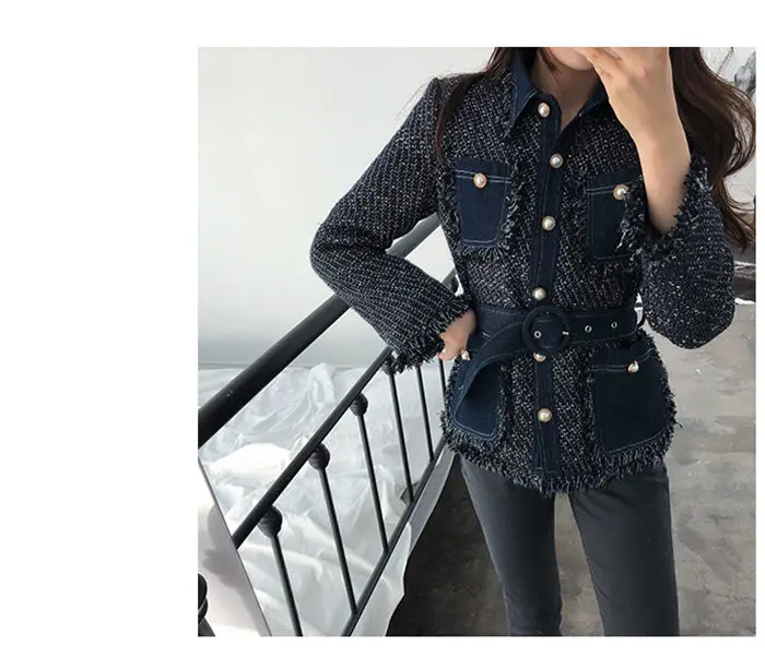Beading Design Coat Women Autumn Fashion Denim Patchwork Lady New Multi Pocket Tassel Tweed Jacket Belted Runway Outwear f1534