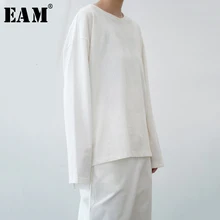 [EAM] Женская Черно-белая короткая свободная футболка большого размера, новая модная футболка с круглым вырезом и длинным рукавом, весна-осень, 1B657