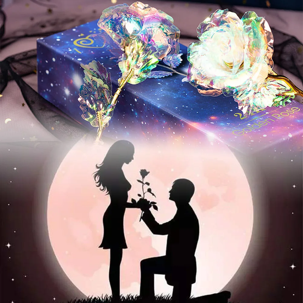 

Simulation Eternity Rose Rainbow Valentine'S Day Romantic 24K Gold Foil Flower Wedding Gift Beautiful LED Luminous Rose Flower