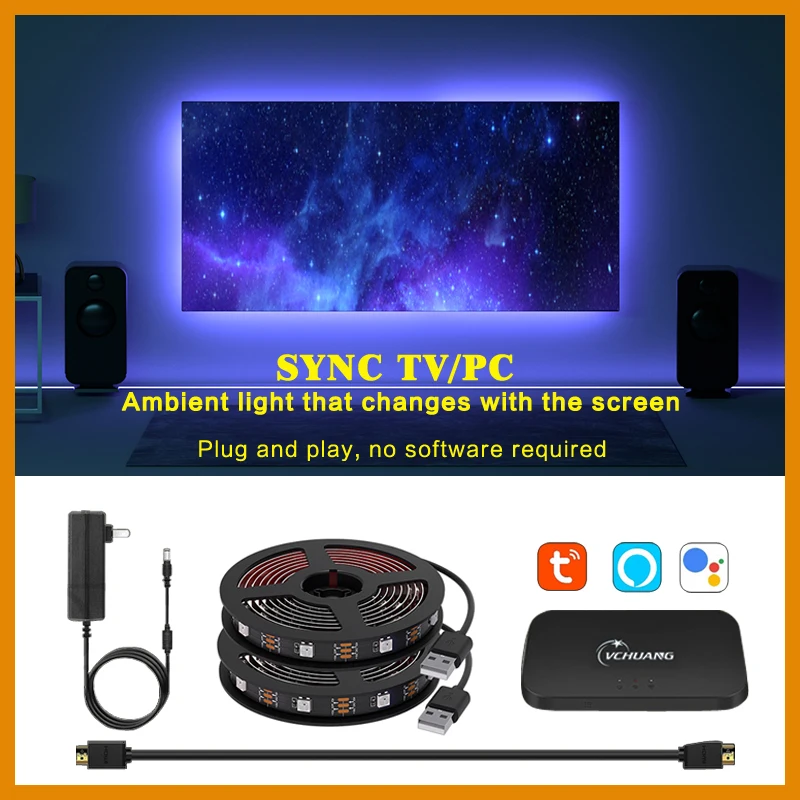 Ambient TV PC Backlight Kit HDMI Sync Screen Color LED Strip Light Works With Tuya WiFi Alexa Google  Control HDTV Computer Xbox