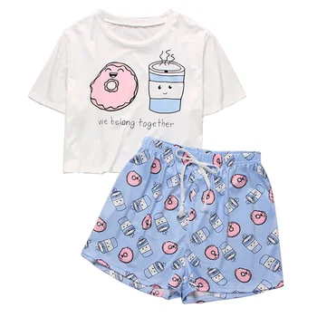 

Womens Homewear Cute Cartoon Printed Pajamas Set Casual Short Sleeve T-Shirt Sleepwear Nightwear Set Summer Pyjama For Women Set