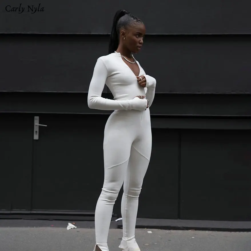 Carly Nyla черный/белый сексуальный облегающий спортивный комбинезон для женщин фитнес-комбинезон с длинным рукавом на молнии эластичное боди для женщин