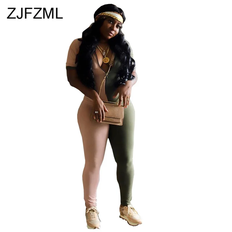 

Color Block Patchwork Rompers Womens Jumpsuit Summer Zip Up Short Sleeve Fitness Playsuit Fashion High Waist Club Party Bodysuit