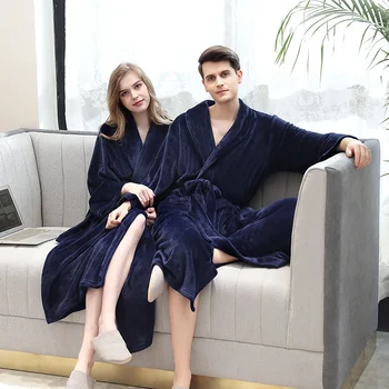 

Sleepwear Couple Flannel Autumn Winter Robe Solid Color Lace-up Flannel Couple Nightgown Pocket Long Home Robe