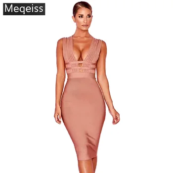 

MEQEISS Summer Women Bandage Dress Vestidos Verano 2019New Tank Sexy Deep V-Neck Sleeveless Bodycon Club Celebrity Party Dresses