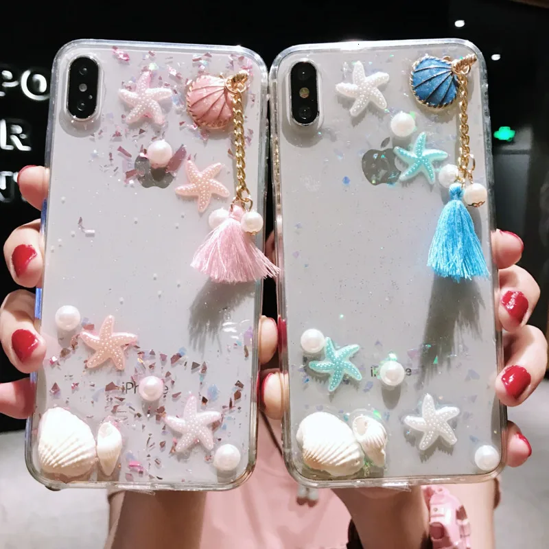 

Creative Shell Tassel Epoxy Phone Case for iPhoneX XS XR XSMax 8 7 6 6S PluS Transparent Luxury Drop Protection Back Cover