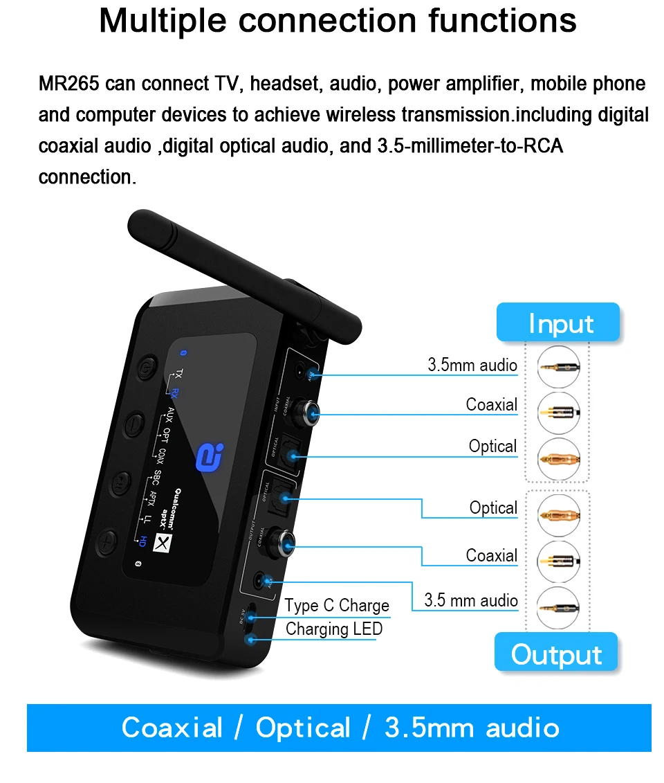 MR265 Bluetooth 5,0 HD аудио приемник передатчик aptX LL/HD 2-в-1 аудио приемник адаптер для ТВ/колонки/PC оптический коаксиальный кабель