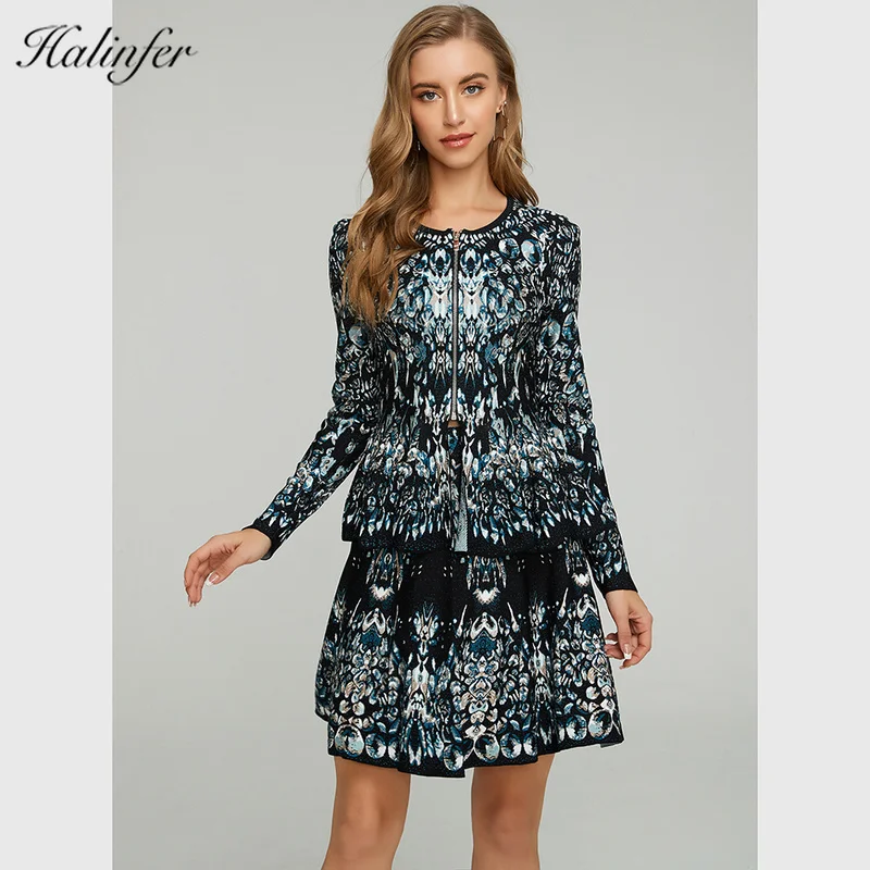 

2019 Wonmen Dress Crystal jacquard Suit Good Quality Knitting Full Ruffles Slash Neck Two Piece Celebrity Cocktail Party Dress