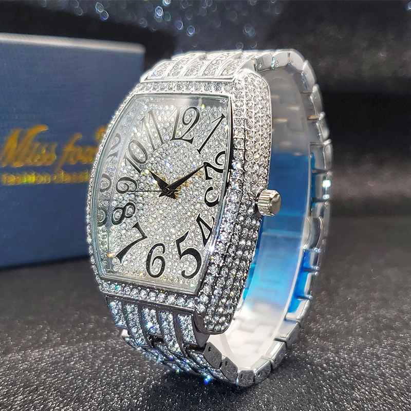 MISSFOX Ceas de aur pentru bărbați, ceasuri hip-hop bling bling tonneau cu cuarț pentru bărbați mari, impermeabil, ceas de mână Millerable_voghion.com