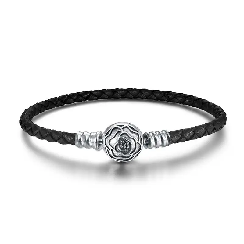 DALARAN, настоящая черная розовая кожаная цепочка, женские браслеты с 925 пробы, Серебряная роза, застежка, бисер, сделай сам, изготовление серебра 925, ювелирные изделия - Окраска металла: black bracelet