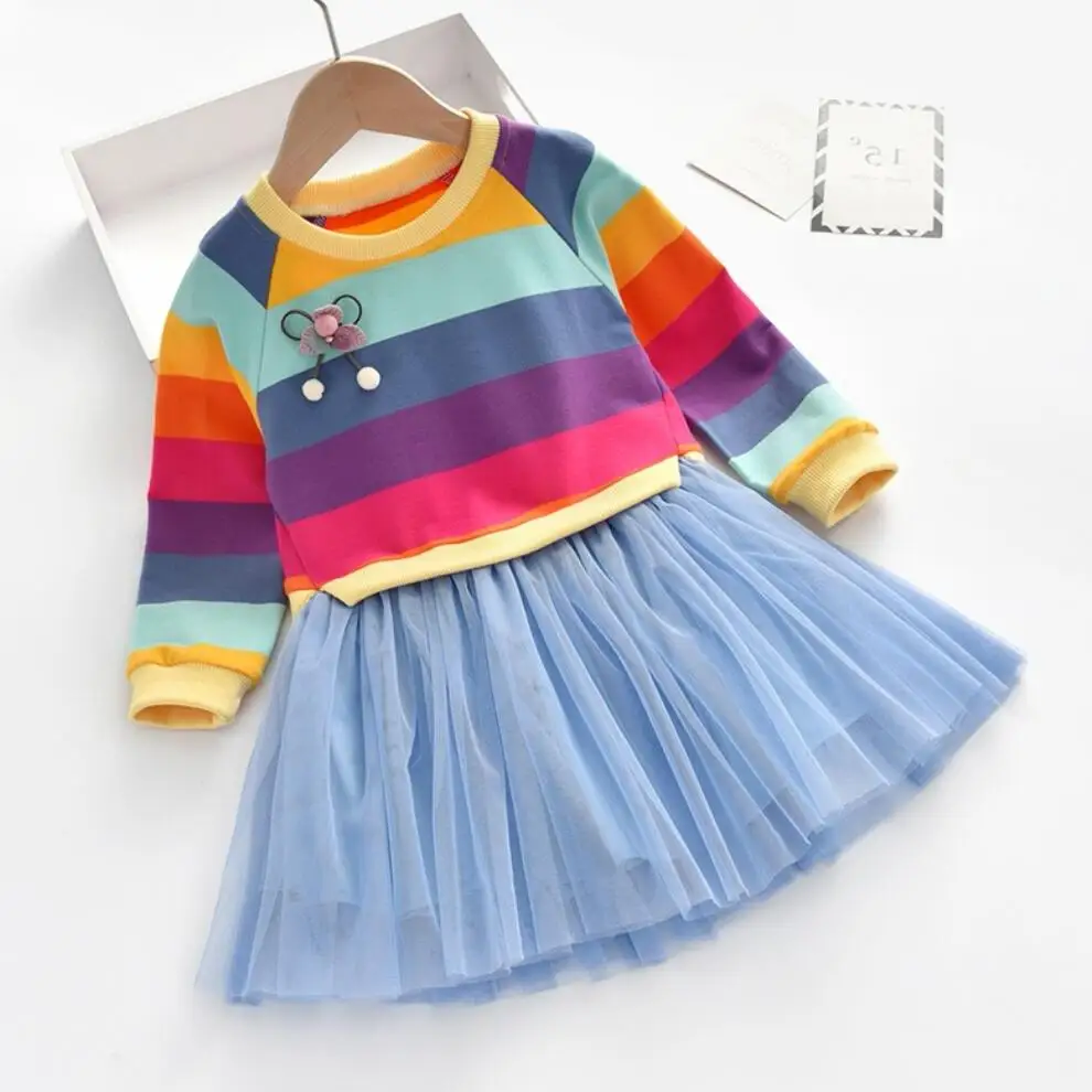 Baby Girls Dress Princess Autumn Sweater Fleece Gauze Tutu Dresses Children Clothing Long Sleeve Rainbow Stripes Dress For Girls girls dress maxi dress princess costume kids clothes