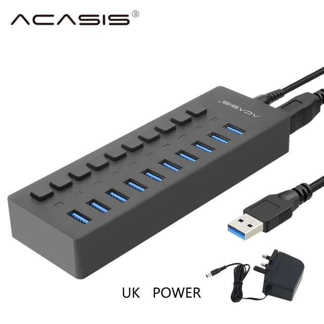 USB 3,0 концентратор 10 Порты и разъёмы 12V 4A Мощность адаптер usb-хаб 3,0 Зарядное устройство с переключателем Мульти USB разветвитель USB3.0 концентратор для Macbook портативных ПК - Цвет: UK Plastic Black