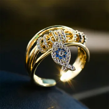 

Luxury Female Crystal Stone Big Ring 100% Real Sterling Silver Engagement Ring Cute Fish Pendant Wedding Open Rings For Women
