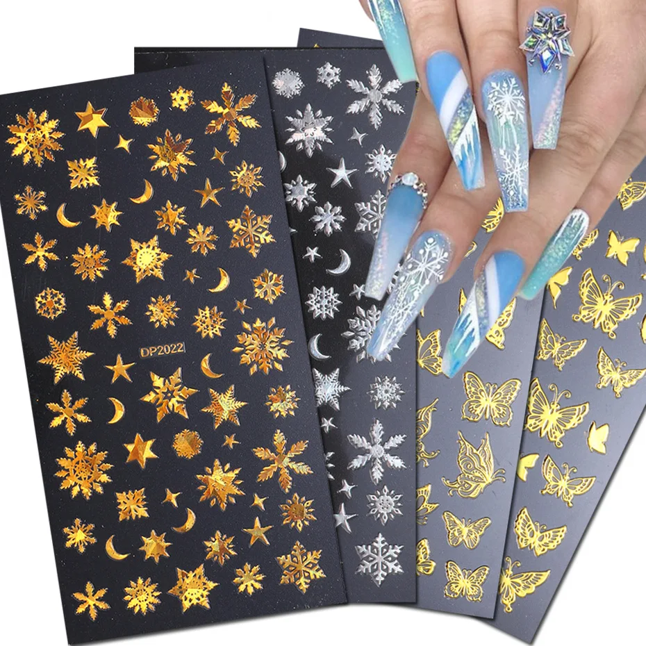 

3D Snowflakes Nail Stickers Two-tone gold and silver naked eye nails butterfly rose applique Self Adhesive Slider Decals Decor