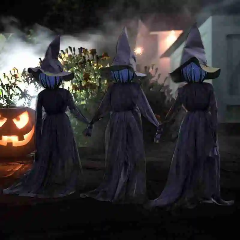 

1.6M Light-Up Witches With Stakes Halloween Decorations Outdoor Holding Hands Screaming Witches Sound Activated Sensor Decor