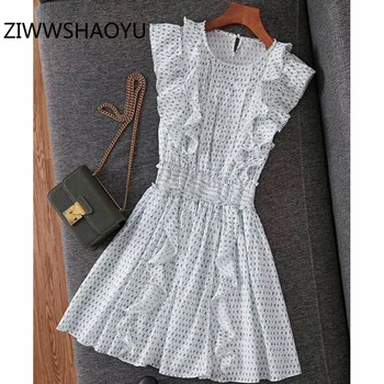 

ZIWWSHAOYU Female Summer Ruffles Ditsy Floral Print Cotton Dress Fashion Designer Women Elastic Waist Mini High Quality Dresses
