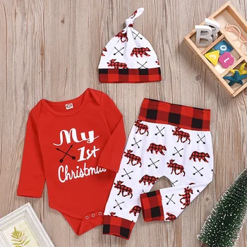 

HOT SELL 3Pcs Set My 1st Christmas Baby Boy Girl Newborn Xmas Clothes Romper+Pants+Hat Outfits 2020