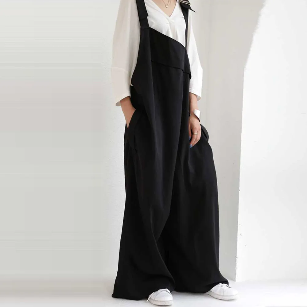 Jumpsuit Loose Women Black  Beige 2020 Summer Korean Janpan  Wide Legs Female Rompers Jumpsuits Casual Style Jumpsuits