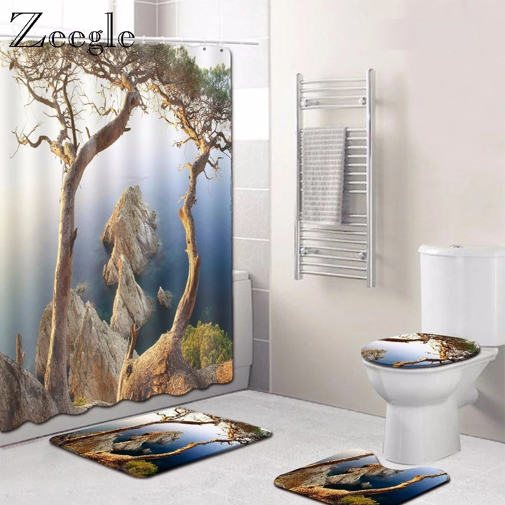 Zeegle 4pcs Bath Mat Set Bathroom Curtain Toilet Pedestal Rug Foot Mat Waterproof Shower Curtain Toilet Seat Cover Bathroom Set