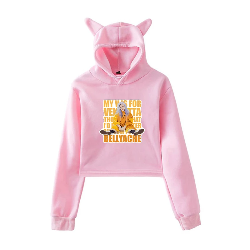 Лидер продаж, модные Kpop Billie Eilish толстовки, короткий кошачий топ с капюшоном, женская сексуальная розовая толстовка с кошачьими ушками, трендовая Толстовка Harajuku - Цвет: Pink 4