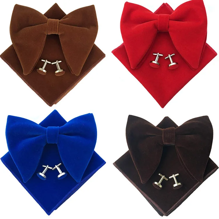 

12x10.5CM Large Bow Tie Set Men's Banquet Velveteen British Solid Color Pocket Towel Cufflinks Oversized Bowtie Three-Piece Sets