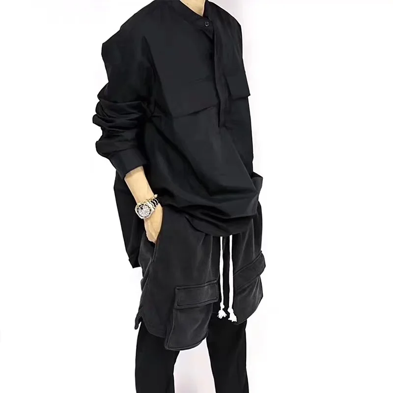 

2019 new Autumn Long sleeve Cotton Pullover Shirt Relaxed Fit Kanye Three-button Shirts Streetwear black Shirt