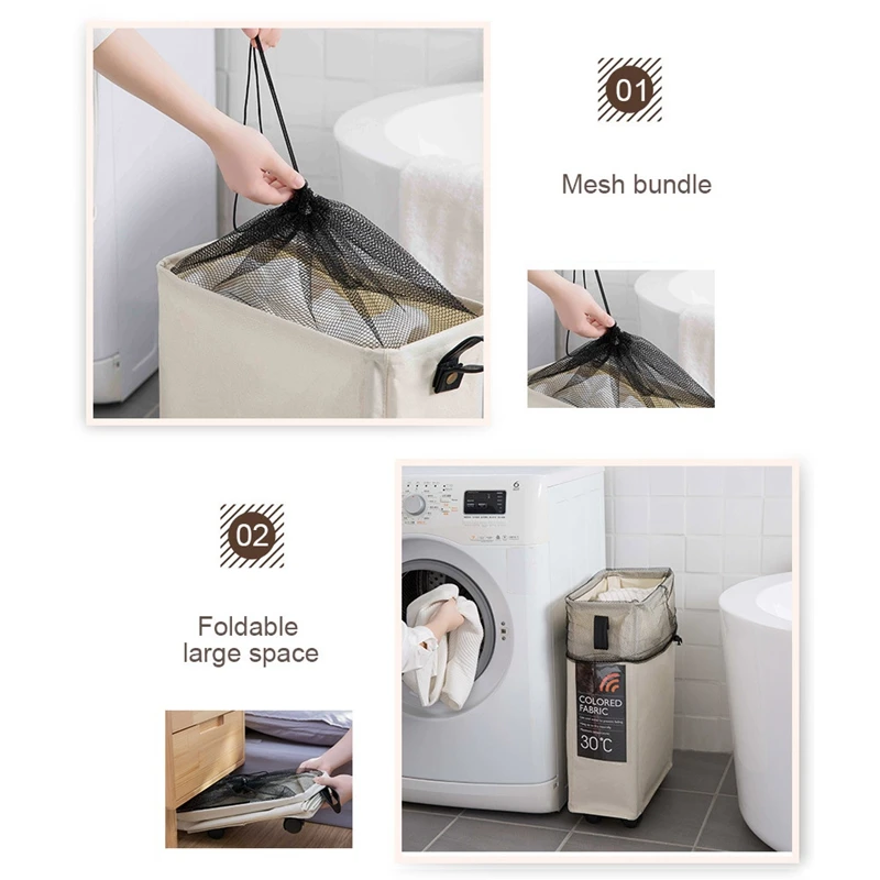 Iron Frame Hamper Dirty Clothes Bucket Collapsible Wheel Storage Organizer Storage Basket Narrow Grid Mesh Beam Thickening