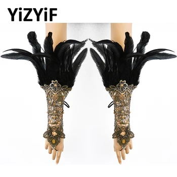 

Gothic Fingerless Gloves Womens Feather Lace Faux Pearl Wrist Cuffs Bracelets Party Halloween Costume Accessories Lace Bracelet