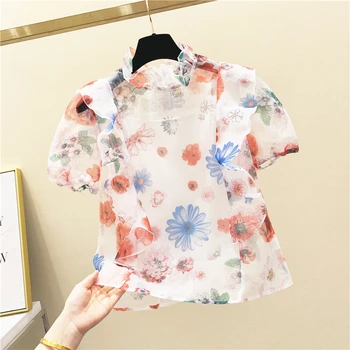 

Printed Flounced Blouse Woman Fungus Stand Collar Short-sleeved Shirt Summer Wear Transparent Organza Floral Shirt Tops Blusa