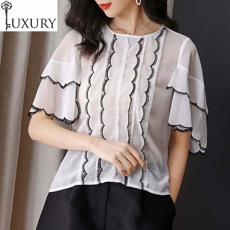 Quality Blouses 2020 High Spring Summer Fashion Women Lace Patchwork Flare Sleeve Casual Sexy White Black Tops Blouse Femme | Женская