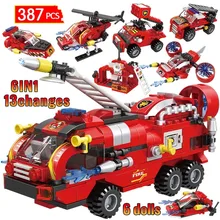 

Red Trucks Car City Fire Station Firemen Building Blocks 6in1 Brigade Helicopter Boat Figures Bricks Toys For Boys Children