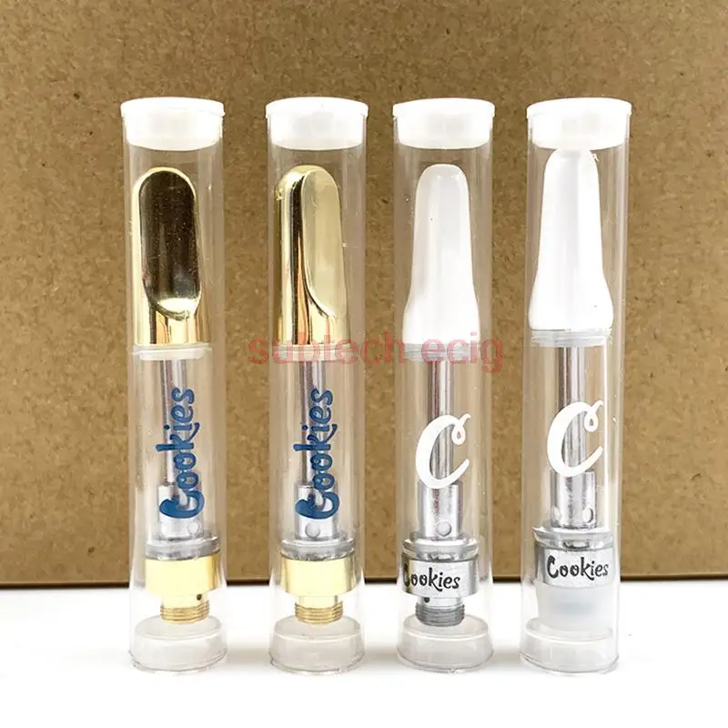 

10pcs Cookies Cartridge Cart Vape Pen Carts 0.8ml 1.0ml Glass Tank Ceramic Coil 510 Thread Cartridges with White Gold Drip Tips